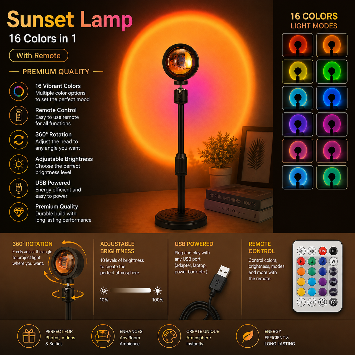 Sunset Lamp with 16 Colors in 1, with Remote (PREMIUM QUALITY)