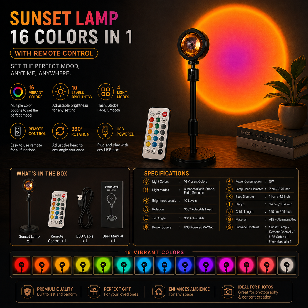 Sunset Lamp with 16 Colors in 1, with Remote (PREMIUM QUALITY)